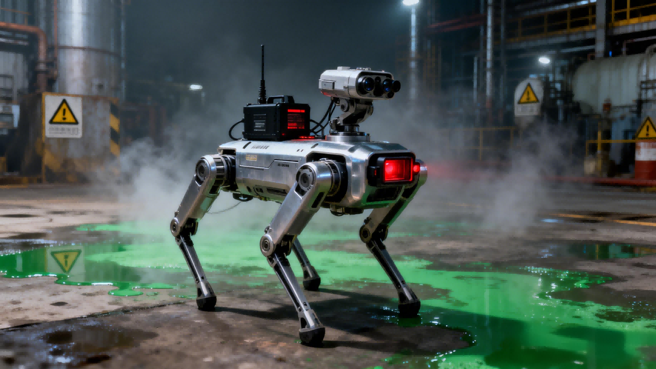 jimeng-2025-12-17-7674-寫實攝影風格，化學品泄漏現(xiàn)場，四足機器人正在工作。機器人是銀色金屬外殼，四條機械