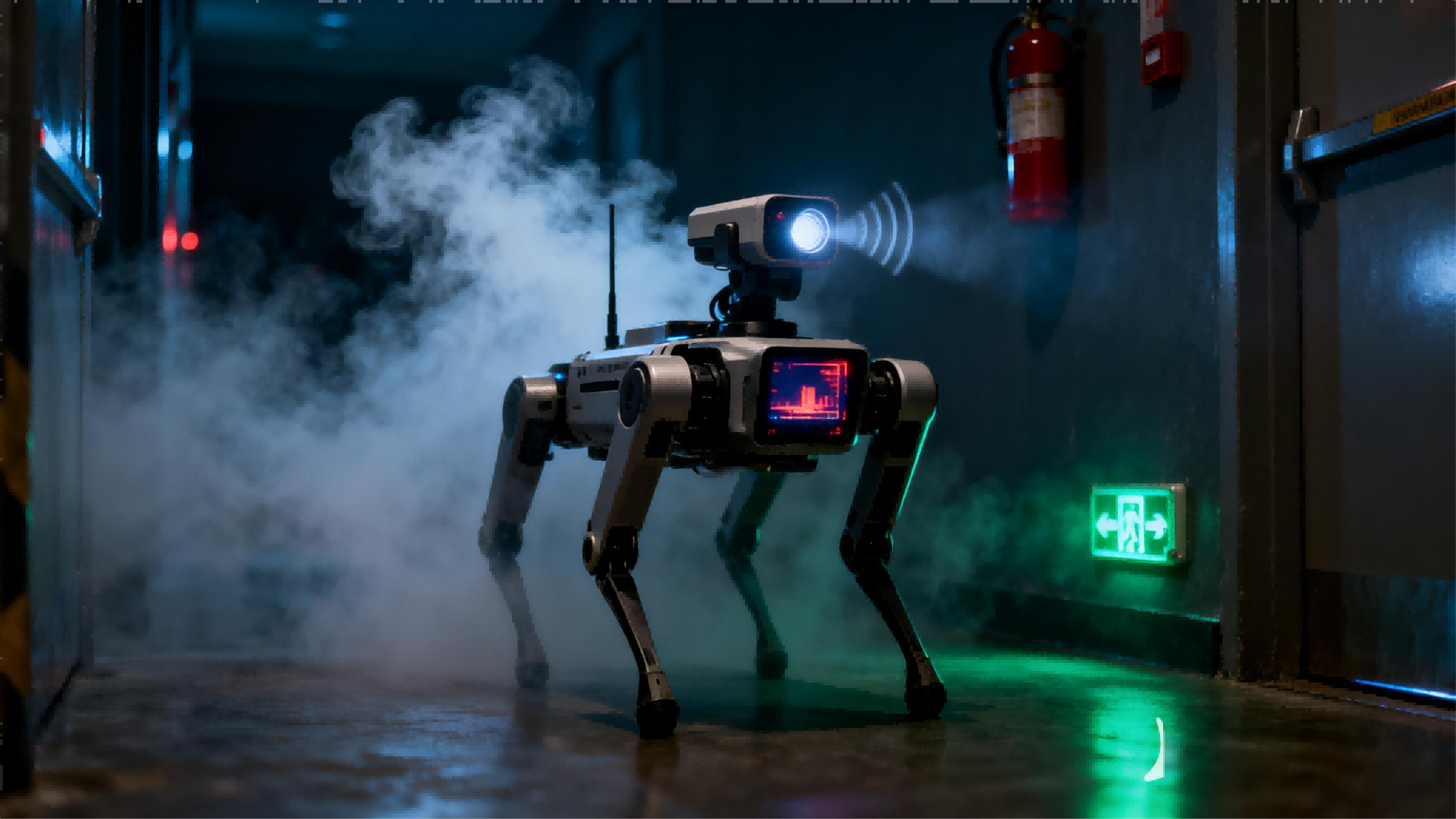 jimeng-2025-12-17-9886-寫實攝影風格，四足機器人在夜間巡查消防通道，檢測到異常煙霧。機器人的AI攝像頭發(fā)