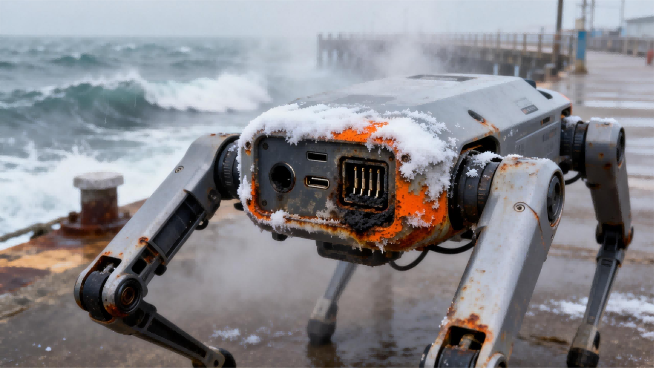 jimeng-2025-12-17-4843-寫實攝影風格，四足機器人在海邊高鹽霧環(huán)境中，充電接口遭受嚴重的鹽霧腐蝕。機器人的