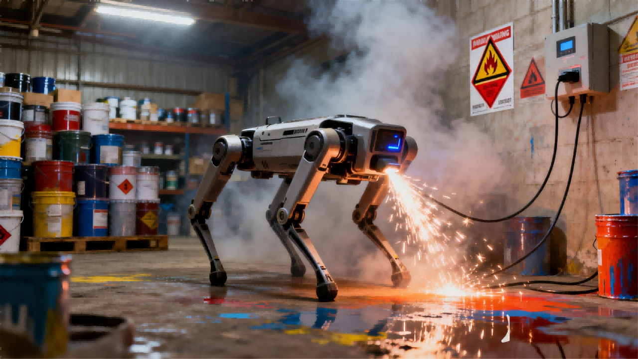 jimeng-2025-12-17-7416-寫實攝影風格，油漆車間內，四足機器人正在進行充電操作。充電接口處產生的火花與空氣