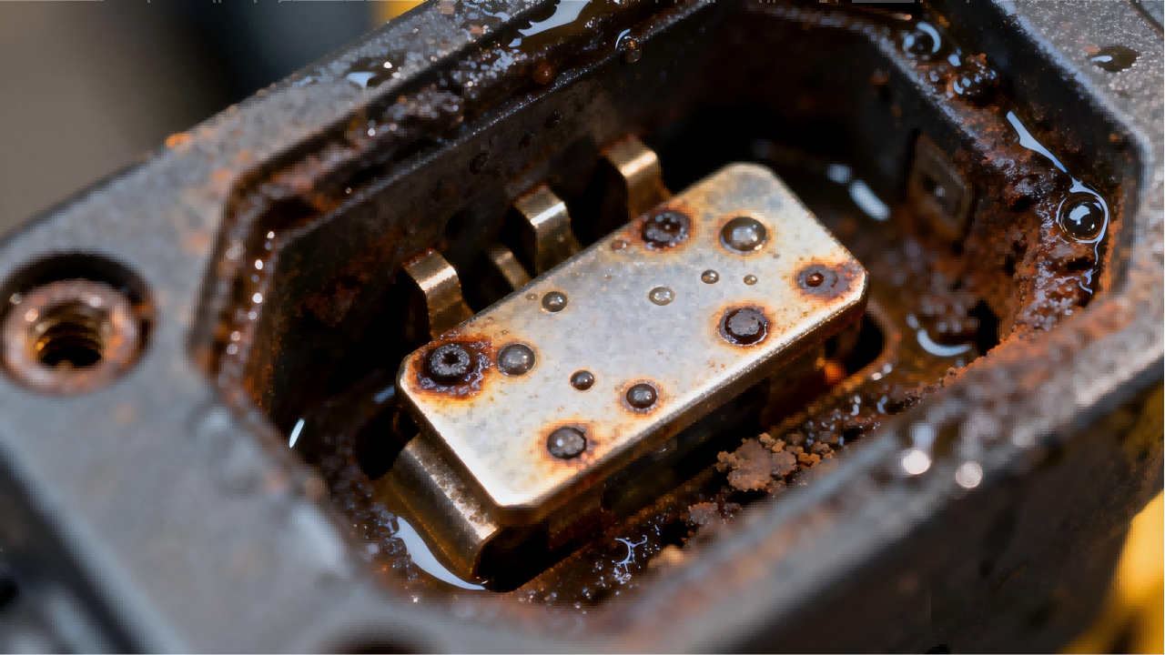 jimeng-2026-01-05-3341-宏觀視角，展示一個(gè)焊接機(jī)器人充電接口的內(nèi)部結(jié)構(gòu)。金屬觸片上覆蓋著一層均勻的氧化膜